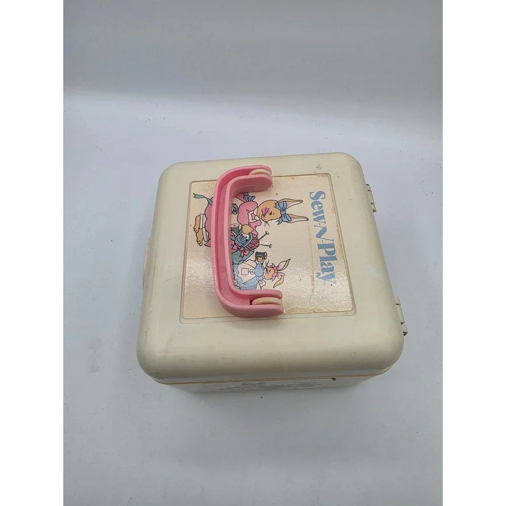 Vintage Sew-N-Play Bunny Rabbit Plastic Carry Case Pink Handle Craft Storage Box